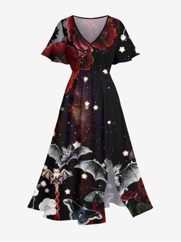 Robe Ligne A Mi-Longue D'Halloween Fleur Galaxie et Chauve-souris Imprimés de Grande Taille avec Poche - BLACK - 3X