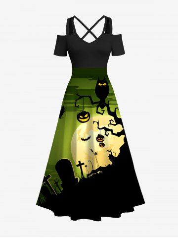 Plus Size Tree Pumpkin Lantern Owl Moon Bat Cross Tombstone Print Halloween Costume Ombre Crisscross Maxi Dress - BLACK - XS
