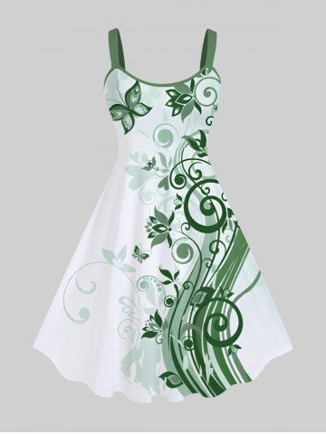 Plus Size Curved Floral Butterfly Print Hawaii Ombre A Line Tank Dress - WHITE - 1X