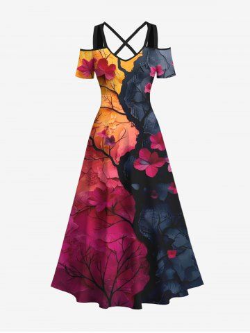 Plus Size Tree Branch Watercolor Floral Ombre Colorblock Print Halloween Costume Crisscross A Line Maxi Dress - MULTI-A - S