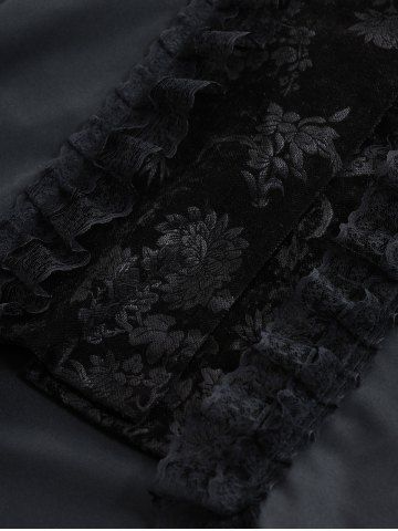 Plus Size Lapel Collar Embossed Floral Velvet Patchwork Lace Trim Button Ruffles Long Sleeves Coat