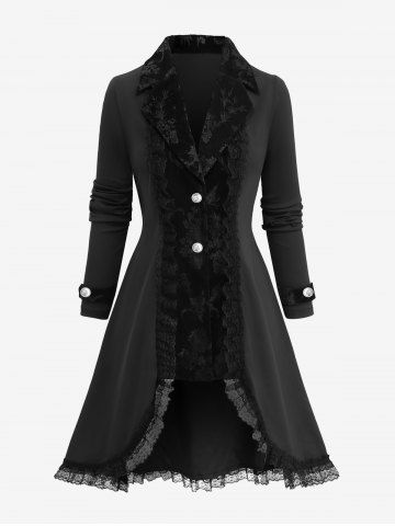 Plus Size Lapel Collar Embossed Floral Velvet Patchwork Lace Trim Button Ruffles Long Sleeves Coat - BLACK - M | US 10