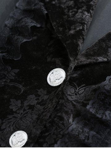 Plus Size Lapel Collar Embossed Floral Velvet Patchwork Lace Trim Button Ruffles Long Sleeves Coat