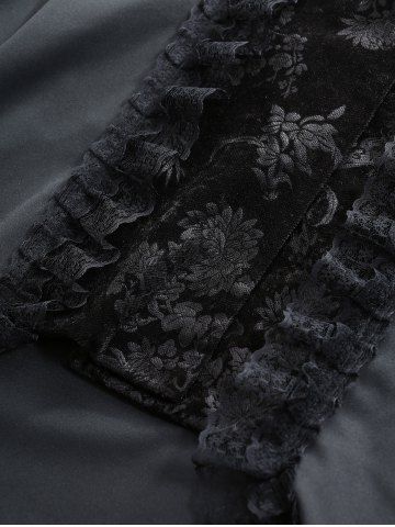 Plus Size Lapel Collar Embossed Floral Velvet Patchwork Lace Trim Button Ruffles Long Sleeves Coat