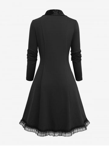 Plus Size Lapel Collar Embossed Floral Velvet Patchwork Lace Trim Button Ruffles Long Sleeves Coat