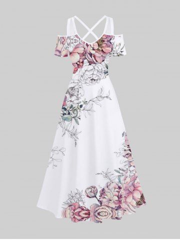 Robe longue hawaïenne à imprimé pivoines et feuilles, épaules dénudées et bretelles croisées, grande taille - MULTI-A - 5X