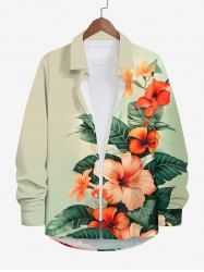 Plus Size Tropical Leaf Hibiscus Flower Print Buttons Long Sleeve Hawaii Shirt For Men -  