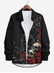 Chemise D'Halloween Rose Branche et Crâne Imprimés à Manches Longues Grande Taille avec Bouton - Noir 2XL