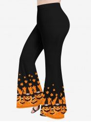Plus Size Halloween Pumpkin Maple Leaves Colorblock Print Flare Pants -  