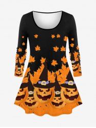 Plus Size Halloween Pumpkin Maple Leaves Colorblock Print T-shirt -  