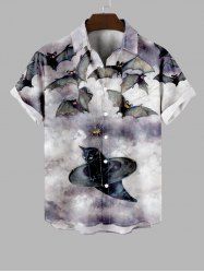 Plus Size Halloween Ombre Bat Cat Print Buttons Pocket Shirt For Men -  