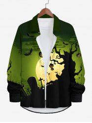 Plus Size Tree Pumpkin Lantern Owl Moon Bat Cross Tombstone Print Halloween Ombre Button Shirt For Men -  