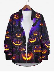 Plus Size Bat Glitter Pumpkin Lantern Tree Moon Print Ombre Halloween Button Shirt For Men -  