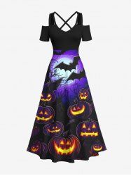 Plus Size Bat Glitter Pumpkin Lantern Tree Moon Print Ombre Halloween Costume Crisscross A Line Maxi Dress -  