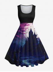 Plus Size Bat Castle Moon Cross Ombre Midnight River Print Halloween Costume Vintage Swing A Line Dress -  