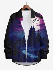 Plus Size Bat Castle Moon Cross Ombre Midnight River Print Halloween Button Shirt For Men -  