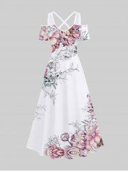 Plus Size Peony Flower Leaf Print Cold Shoulder Crisscross Hawaii Maxi Dress -  