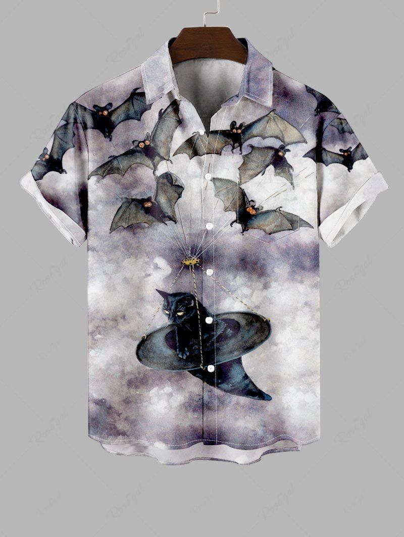 Latest Plus Size Halloween Ombre Bat Cat Print Buttons Pocket Shirt For Men  