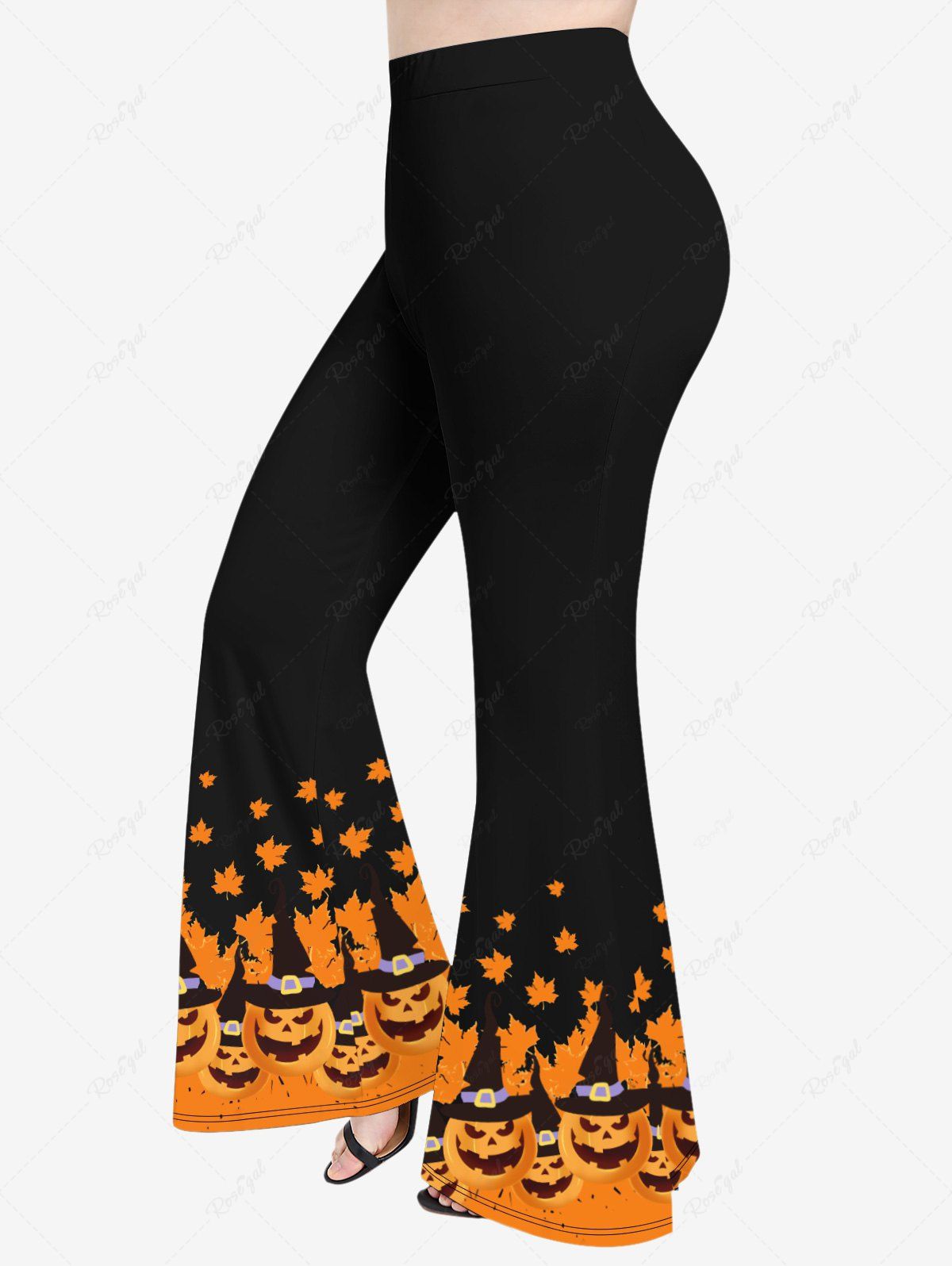 Latest Plus Size Halloween Pumpkin Maple Leaves Colorblock Print Flare Pants  