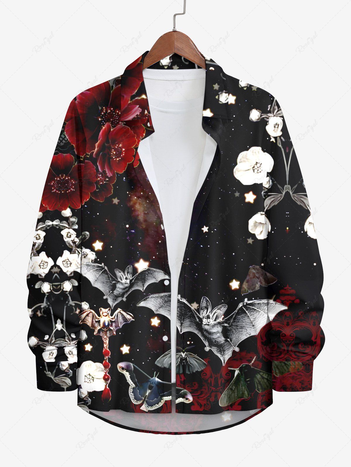 Fancy Plus Size Floral Bat Stars Galaxy Print Halloween Button Shirt For Men  