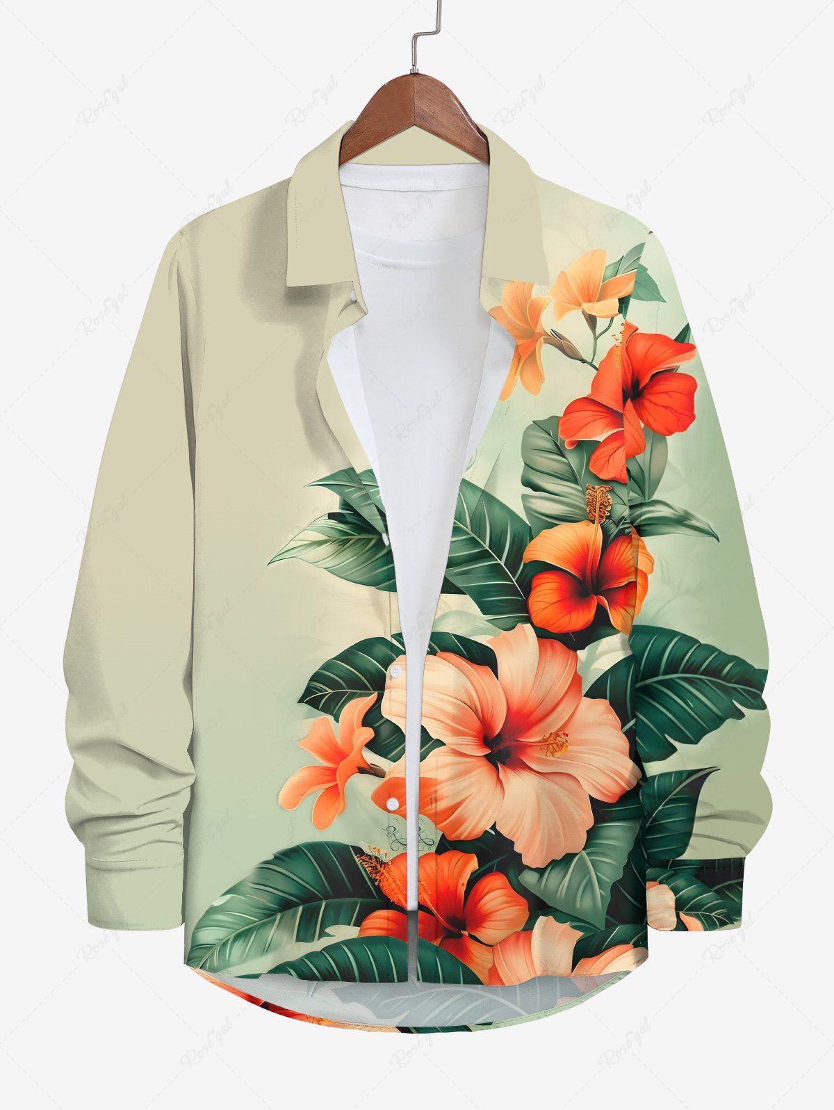 Outfit Plus Size Tropical Leaf Hibiscus Flower Print Buttons Long Sleeve Hawaii Shirt For Men  