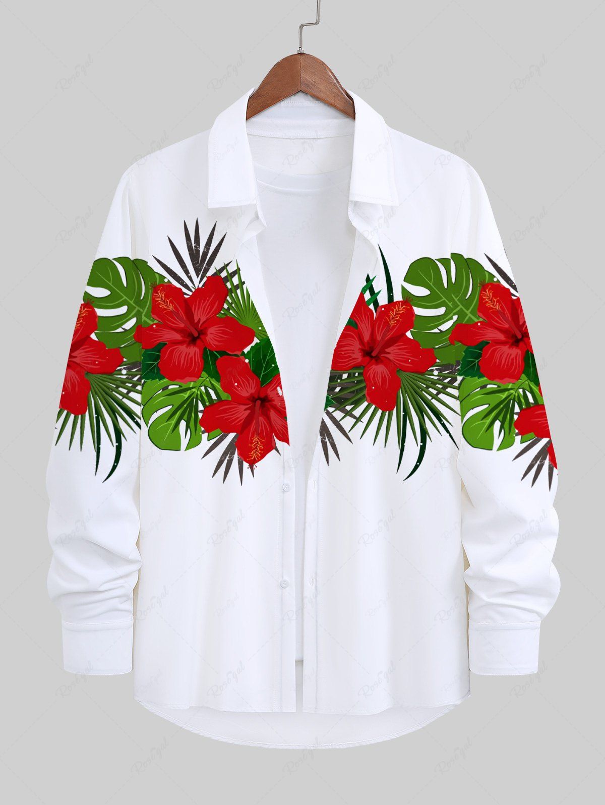 Online Plus Size Tropical Leaf Hibiscus Flower Print Buttons Long Sleeve Hawaii Shirt For Men  