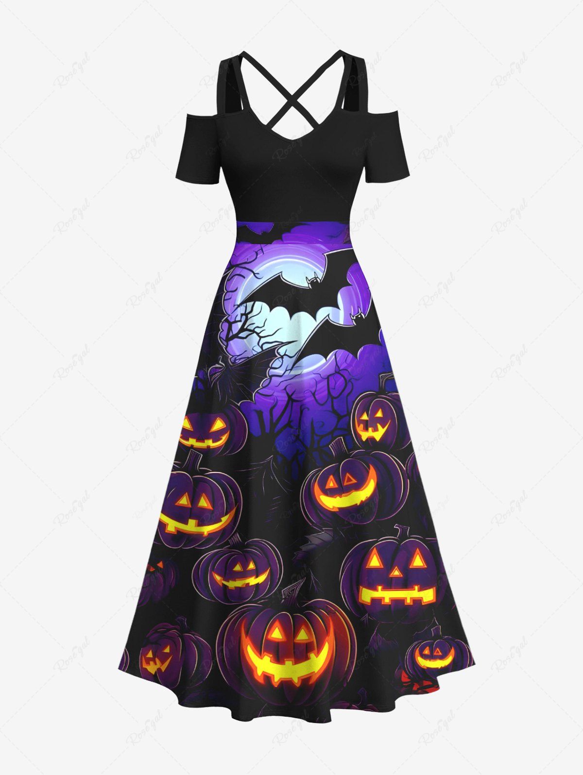 Maxi Robe D'Halloween Citrouille et Chauve-souris Ligne A Croisée de Grande Taille à Paillettes Noir 5X