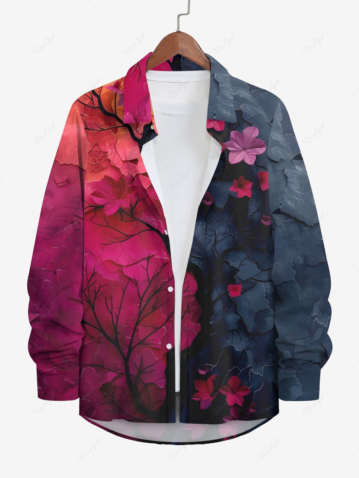 Sale Plus Size Tree Branch Watercolor Floral Ombre Colorblock Print Halloween Button Shirt For Men  