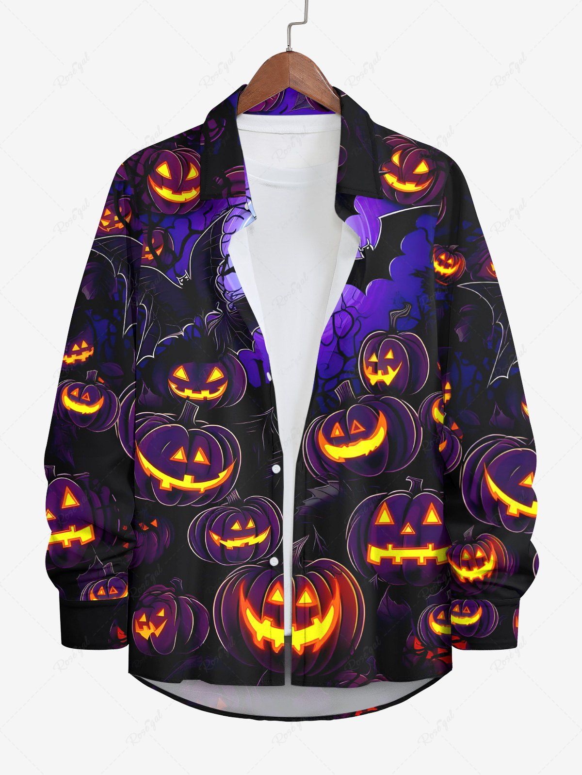 Buy Plus Size Bat Glitter Pumpkin Lantern Tree Moon Print Ombre Halloween Button Shirt For Men  