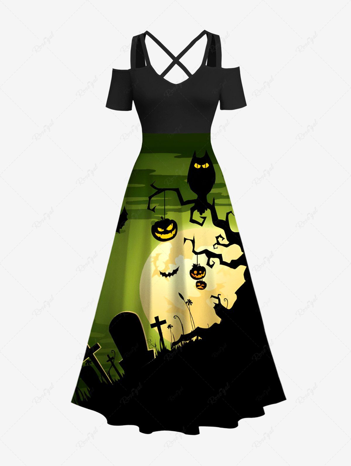 Maxi Robe D'Halloween Chauve-souris Citrouille Hibou Imprimés Croisé Ombré de Grande Taille Noir 3X