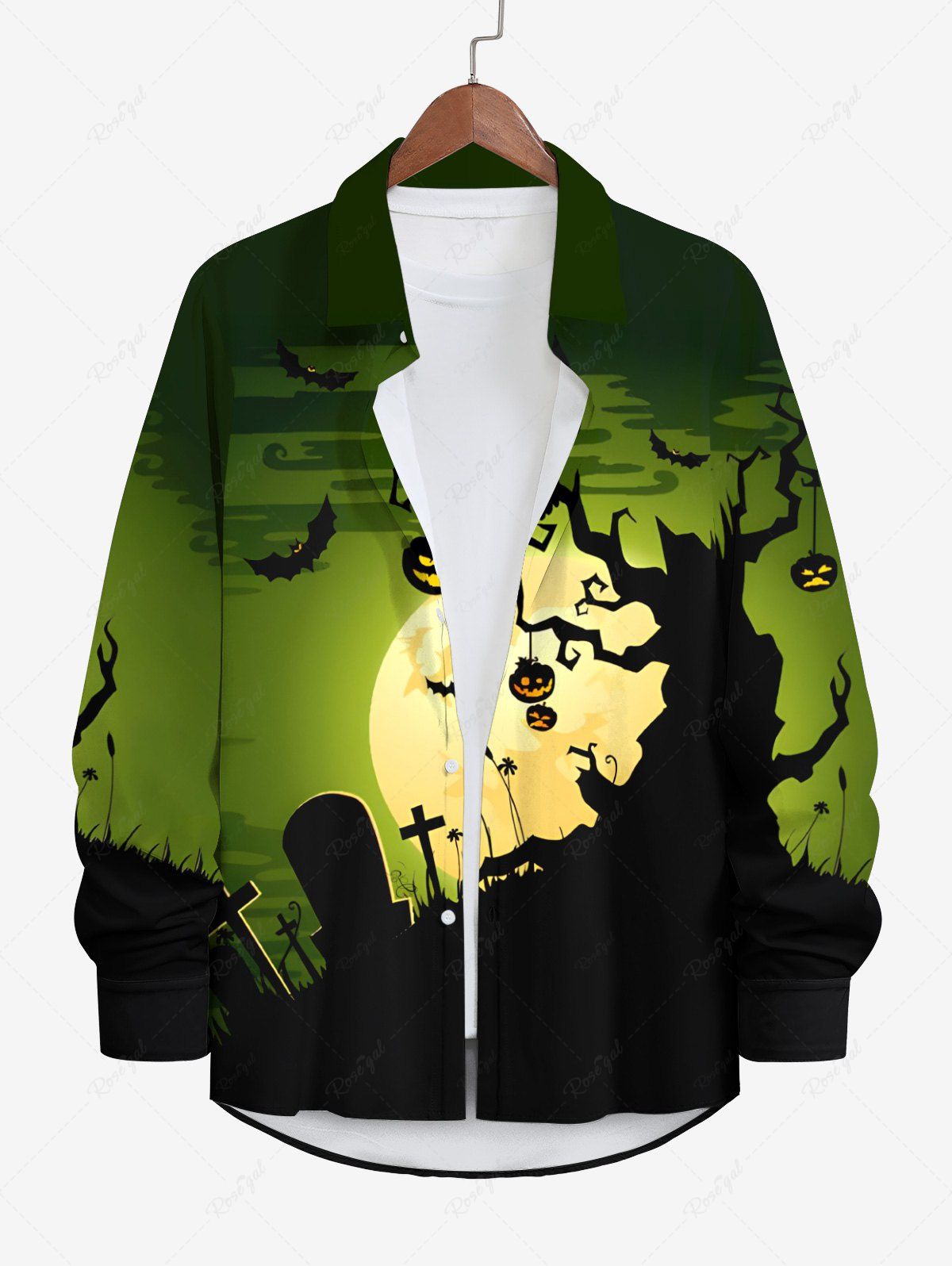 Shop Plus Size Tree Pumpkin Lantern Owl Moon Bat Cross Tombstone Print Halloween Ombre Button Shirt For Men  