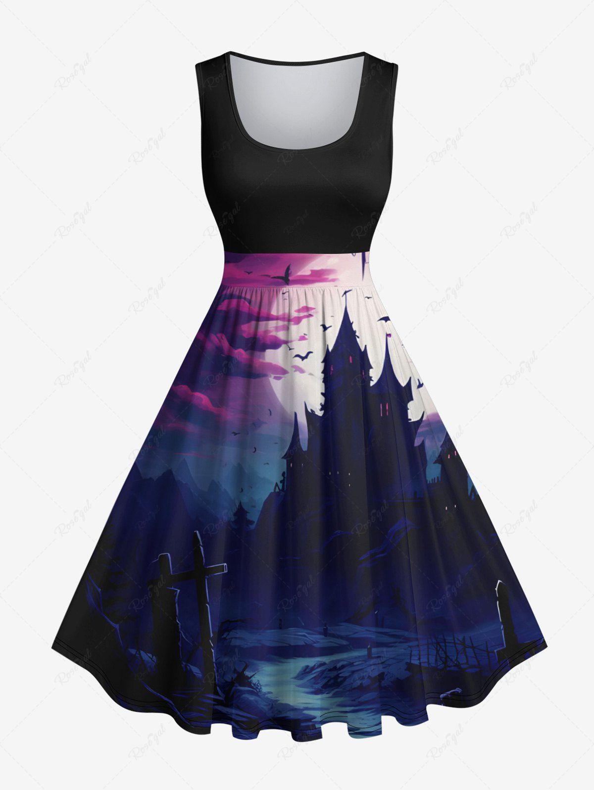 Affordable Plus Size Bat Castle Moon Cross Ombre Midnight River Print Halloween Costume Vintage Swing A Line Dress  