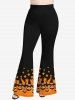 Plus Size Halloween Pumpkin Maple Leaves Colorblock Print Flare Pants -  