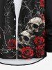 Chemise D'Halloween Rose Branche et Crâne Imprimés à Manches Longues Grande Taille avec Bouton - Noir 2XL