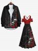 Chemise D'Halloween Rose Branche et Crâne Imprimés à Manches Longues Grande Taille avec Bouton - Noir 2XL