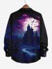 Plus Size Bat Castle Moon Cross Ombre Midnight River Print Halloween Button Shirt For Men -  