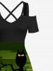 Maxi Robe D'Halloween Chauve-souris Citrouille Hibou Imprimés Croisé Ombré de Grande Taille - Noir 3X