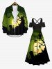 Maxi Robe D'Halloween Chauve-souris Citrouille Hibou Imprimés Croisé Ombré de Grande Taille - Noir 3X
