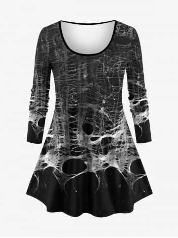 Plus Size Halloween Costume Spider Web Distressed 3D Print Long Sleeve T-shirt - BLACK - 1X