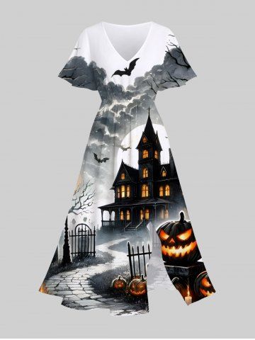 Plus Size Halloween Costume Pumpkin Cross Bat Tree Casstle Cloud Moon Print Split Midi Dress