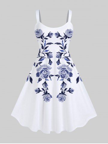 Plus Size Flowers Leaf Print Hawaii Tank Dress - WHITE - 3X