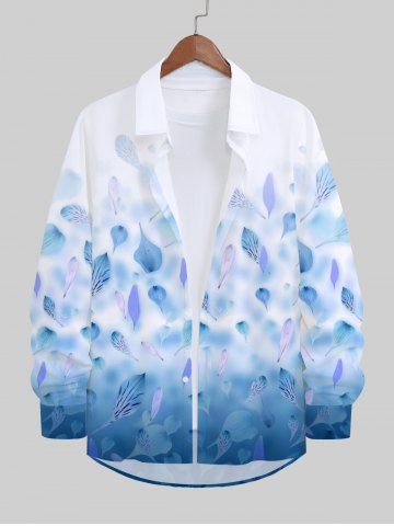 Plus Size Feather Leaf Ombre Colorblock Print Long Sleeve Buttons Hawaii Shirt For Men - WHITE - M