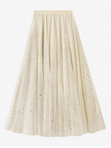 Plus Size Moon Star Sparkling Sequin Mesh Skirt - BEIGE - 4XL