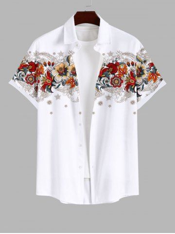 Plus Size Colorful Ethnic Floral Leaf Print Hawaii Button Pocket Shirt For Men