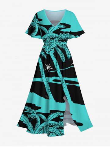 Plus Size Coconut Tree Sea Colorblock Star Print Hawaii Split Pocket A Line Midi Dress - GREEN - 2X