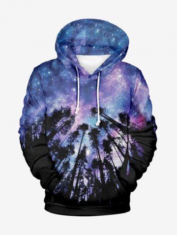 Plus Size Tree Forest Colorful Ombre Galaxy Print Hawaii Kangaroo Pocket Drawstring Pullover Hoodie For Men - MULTI-A - 5XL