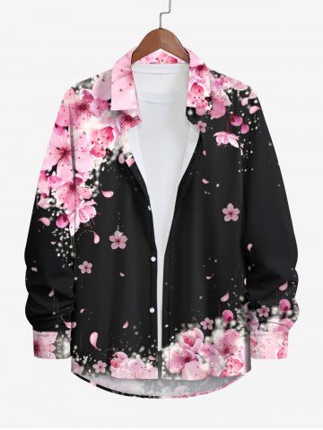 Plus Size Peach Blossom Flower Print Hawaii Button Shirt For Men - BLACK - 3XL