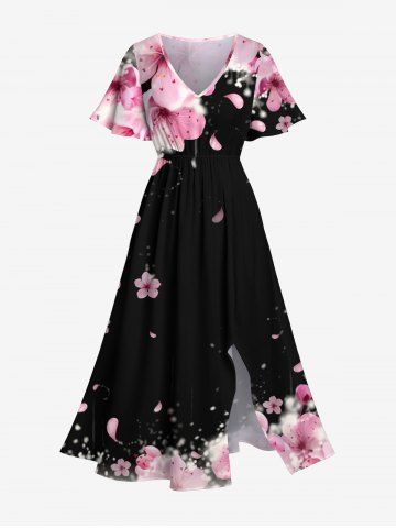 Plus Size Peach Blossom Flower Print Hawaii Split Pocket A Line Midi Dress - BLACK - M