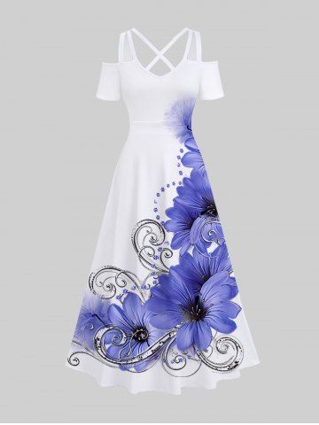 Plus Size Curve Floral Print Hawaii Crisscross A Line Maxi Dress - WHITE - 3X