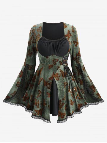 Plus Size Butterfly Flocking Lace-up Waist Floral Lace Trim Ruched Flare Sleeve Top - DEEP GREEN - 4X | US 26-28